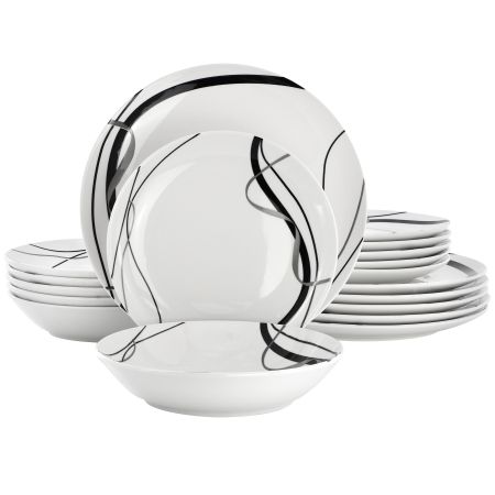Elama Sarah 18 Piece Porcelain Black Ribbon Dinnerware Set, Service for 6 in White and Black